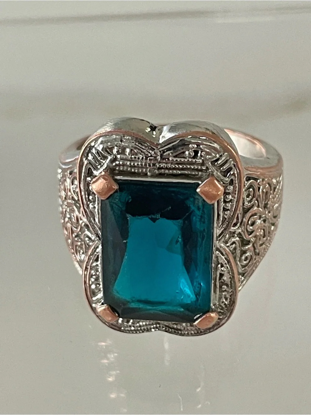 Vintage Ornate Aquamarine Silver Scrollwork Statement Ring